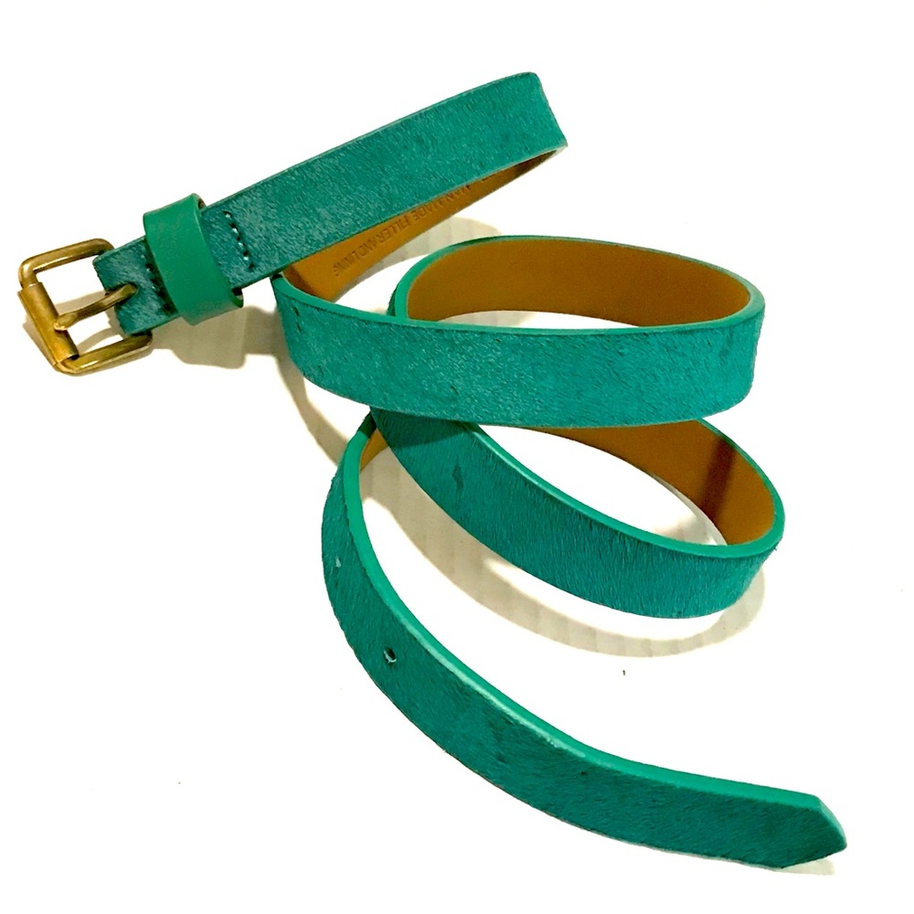 VTG Emerald Green Faux Hide Genuine Leather Jewel Tone Belt Brass Buckle Sz-M